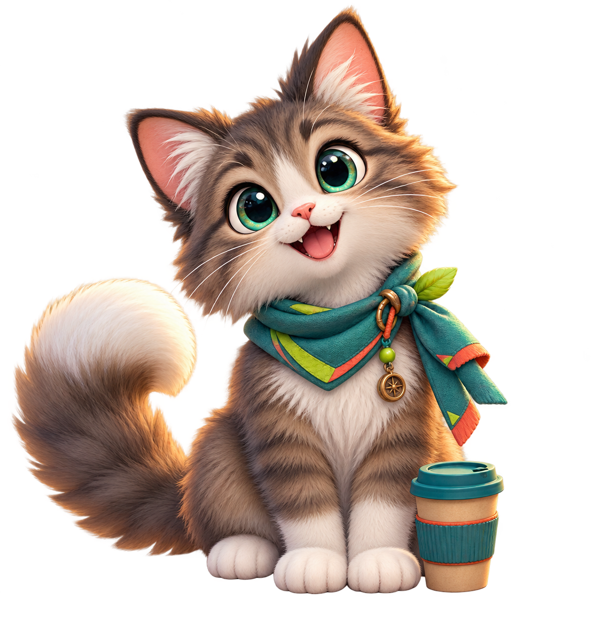 A cheerful cat companion with a coffee cup